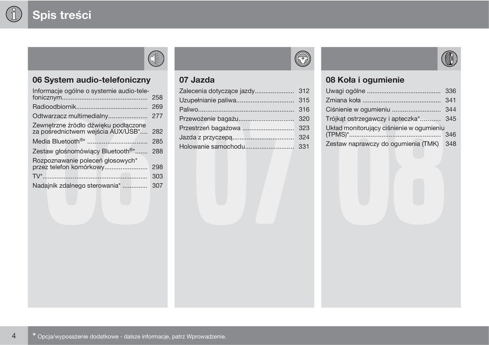 .. 282 Media Bluetooth Jazda z przyczepą... 324 *... 285 Holowanie samochodu... 331 Zestaw głośnomówiący Bluetooth *... 288 Rozpoznawanie poleceń głosowych* przez telefon komórkowy... 298 TV*.