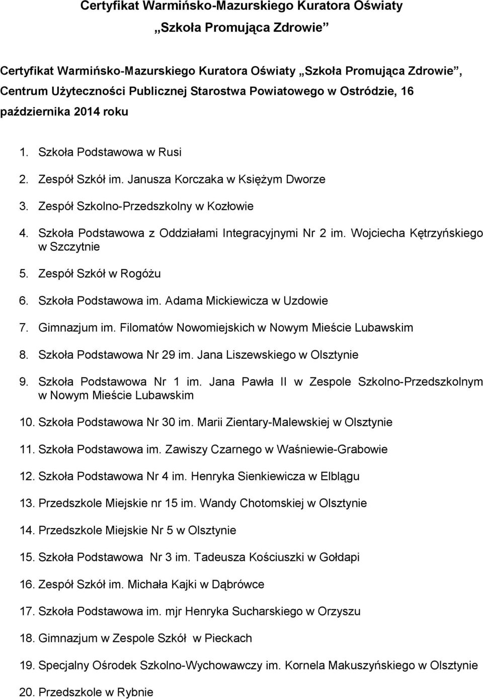 Szkoła Podstawowa z Oddziałami Integracyjnymi Nr 2 im. Wojciecha Kętrzyńskiego w Szczytnie 5. Zespół Szkół w Rogóżu 6. Szkoła Podstawowa im. Adama Mickiewicza w Uzdowie 7. Gimnazjum im.