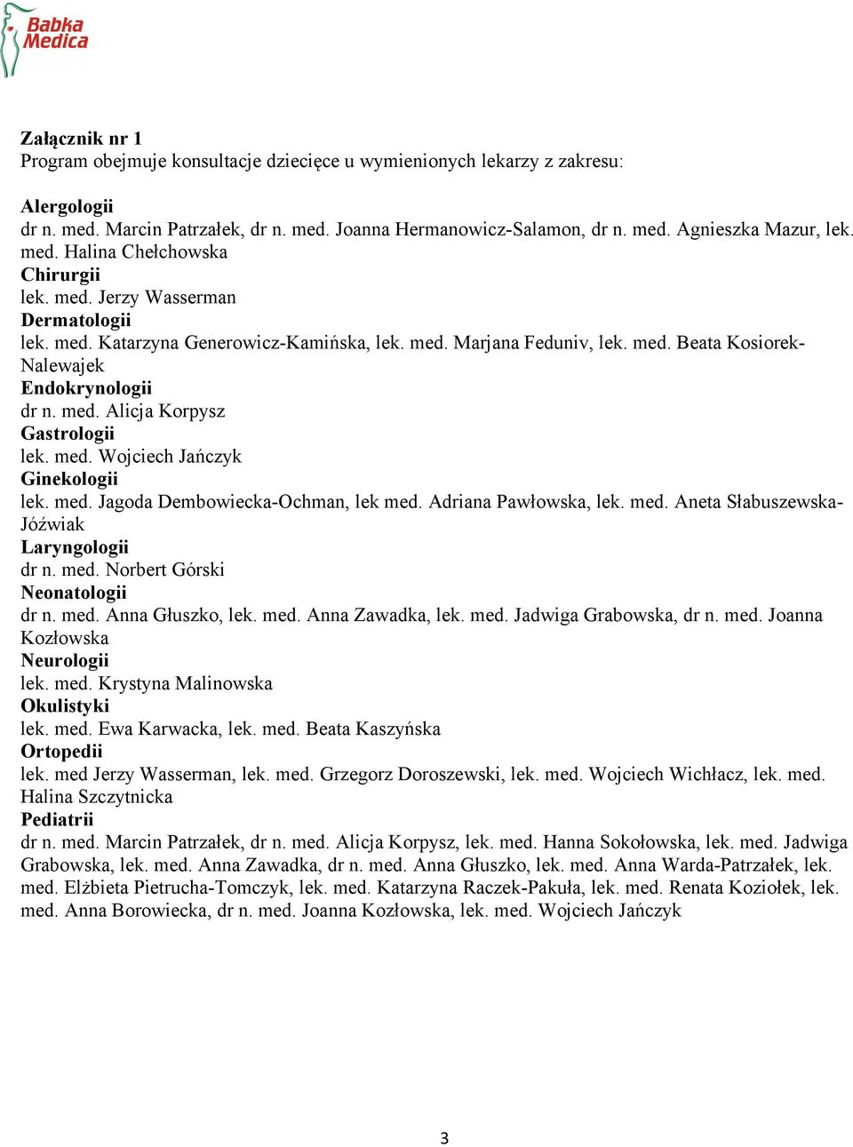 med. Alicja Korpysz Gastrologii lek. med. Wojciech Jańczyk Ginekologii lek. med. Jagoda Dembowiecka-Ochman, lek med. Adriana Pawłowska, lek. med. Aneta Słabuszewska- Jóźwiak Laryngologii dr n. med. Norbert Górski Neonatologii dr n.