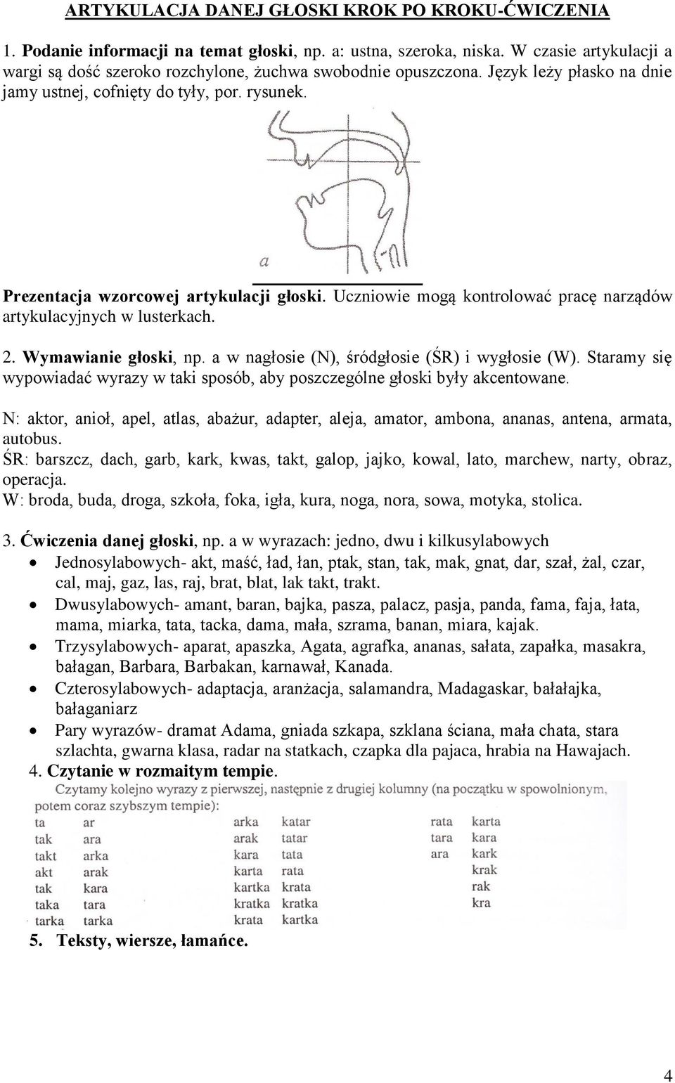 Uczniowie mogą kontrolować pracę narządów artykulacyjnych w lusterkach. 2. Wymawianie głoski, np. a w nagłosie (N), śródgłosie (ŚR) i wygłosie (W).