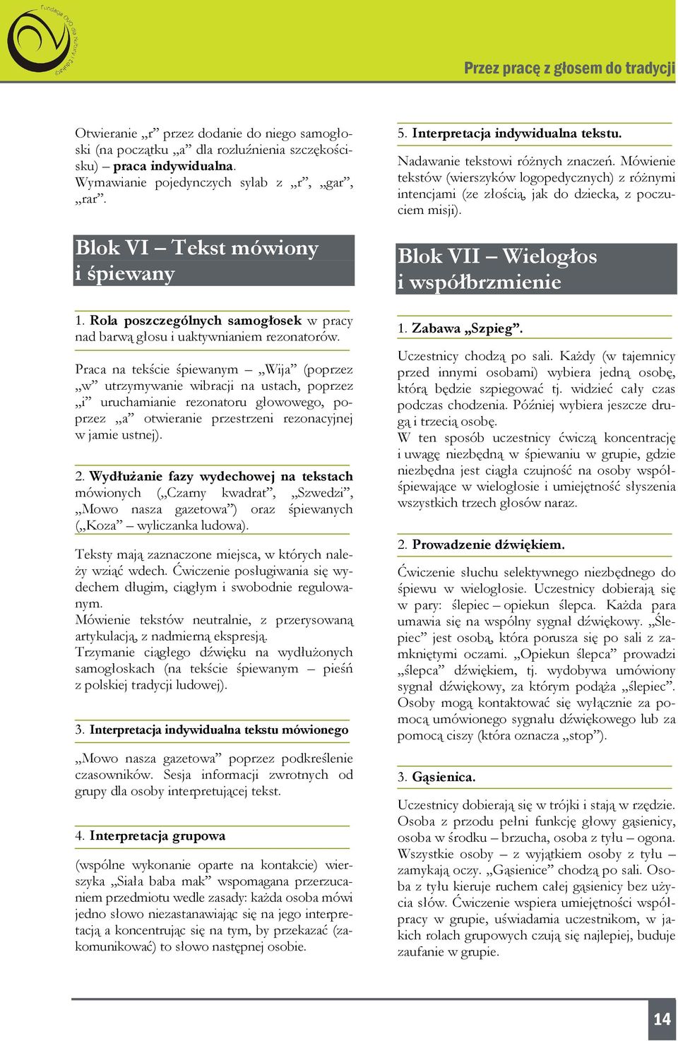 Praca na tekście śpiewanym Wija (poprzez w utrzymywanie wibracji na ustach, poprzez i uruchamianie rezonatoru głowowego, poprzez a otwieranie przestrzeni rezonacyjnej w jamie ustnej). 2.