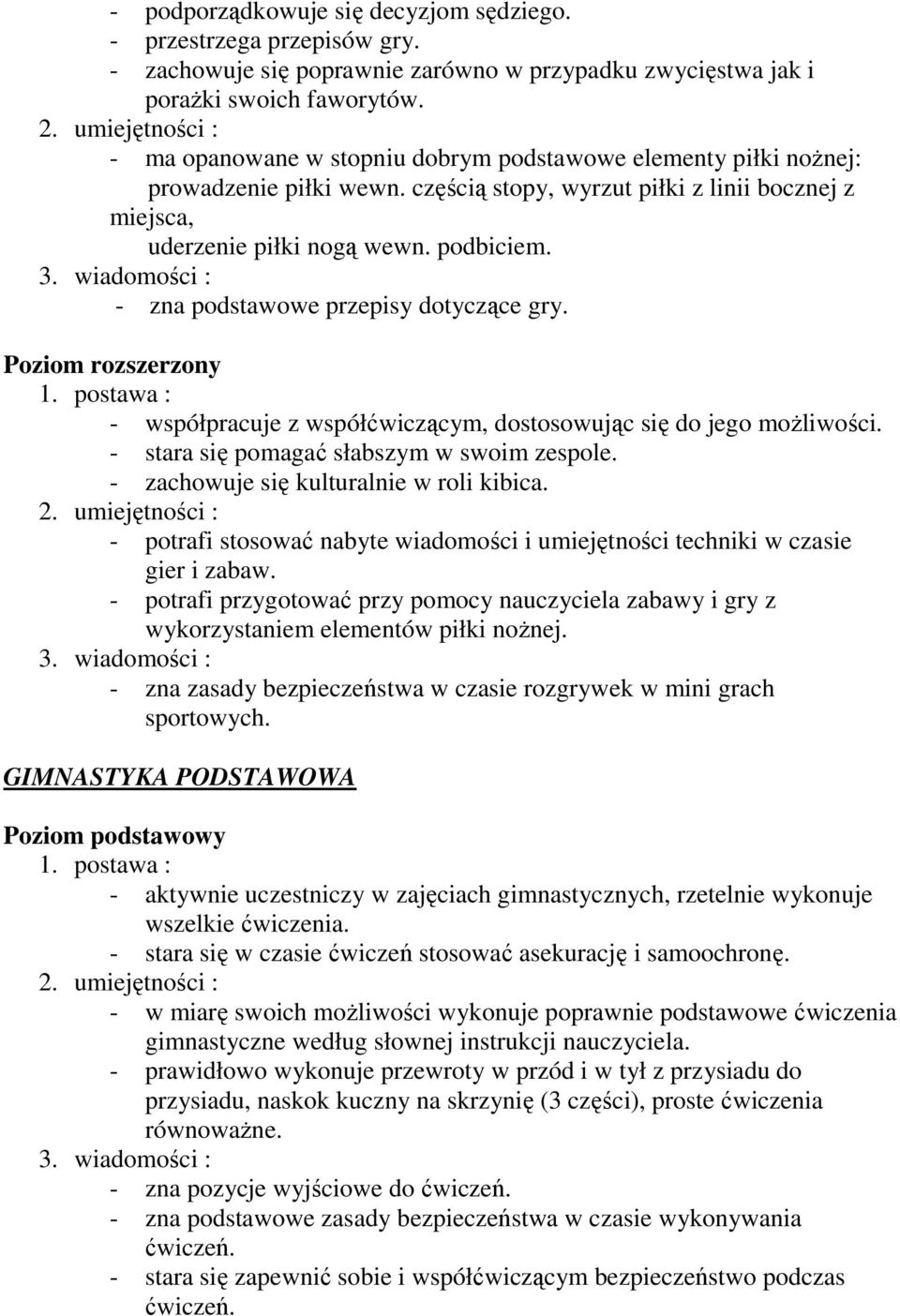 - zna podstawowe przepisy dotyczące gry. - współpracuje z współćwiczącym, dostosowując się do jego możliwości. - stara się pomagać słabszym w swoim zespole. - zachowuje się kulturalnie w roli kibica.