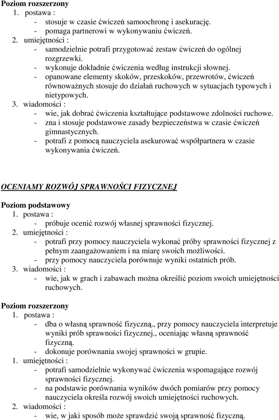 - wie, jak dobrać ćwiczenia kształtujące podstawowe zdolności ruchowe. - zna i stosuje podstawowe zasady bezpieczeństwa w czasie ćwiczeń gimnastycznych.