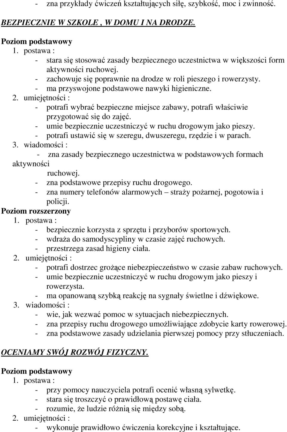 - ma przyswojone podstawowe nawyki higieniczne. - potrafi wybrać bezpieczne miejsce zabawy, potrafi właściwie przygotować się do zajęć. - umie bezpiecznie uczestniczyć w ruchu drogowym jako pieszy.