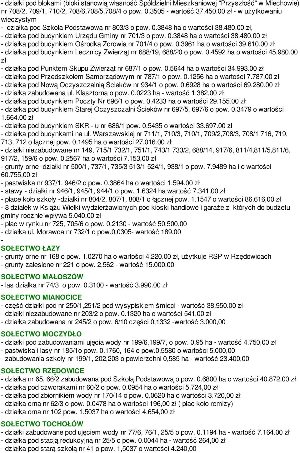 0.3961 ha o wartości 39.610.00 zł - działka pod budynkiem Lecznicy Zwierząt nr 688/19, 688/20 o pow. 0.4592 ha o wartości 45.980.00 zł - działka pod Punktem Skupu Zwierząt nr 687/1 o pow. 0.5644 ha o wartości 34.