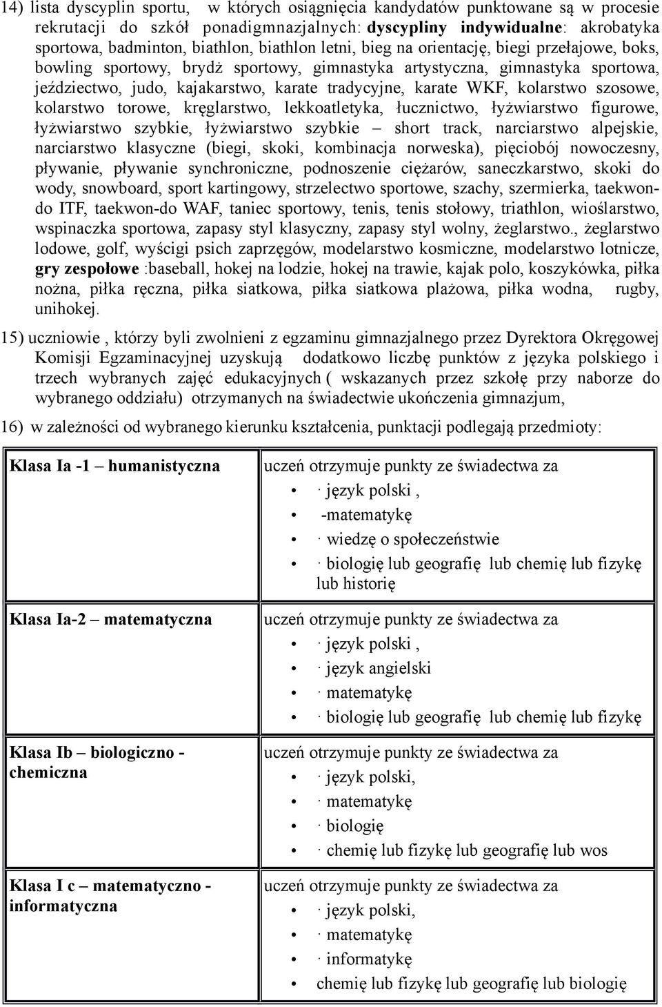 WKF, kolarstwo szosowe, kolarstwo torowe, kręglarstwo, lekkoatletyka, łucznictwo, łyżwiarstwo figurowe, łyżwiarstwo szybkie, łyżwiarstwo szybkie short track, narciarstwo alpejskie, narciarstwo