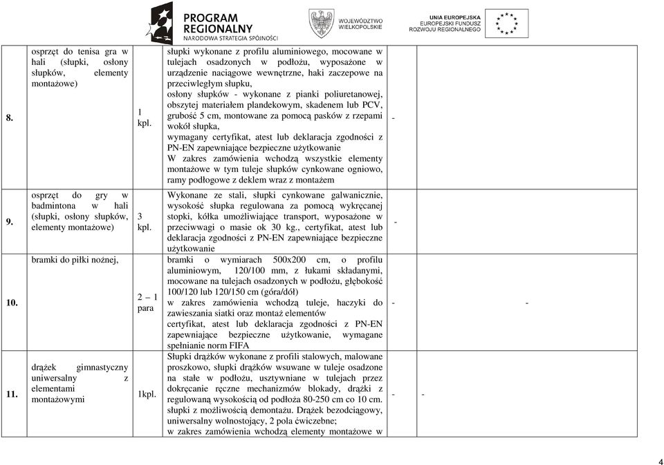 rzepami wokół słupka, wymagany certyfikat, atest lub deklaracja zgodności z PNEN zapewniające bezpieczne uŝytkowanie W zakres zamówienia wchodzą wszystkie elementy montaŝowe w tym tuleje słupków