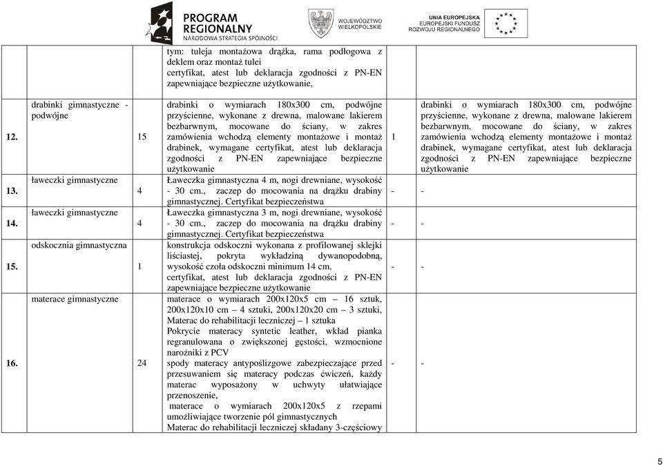 drewna, malowane lakierem bezbarwnym, mocowane do ściany, w zakres zamówienia wchodzą elementy montaŝowe i montaŝ drabinek, wymagane certyfikat, atest lub deklaracja zgodności z PNEN zapewniające