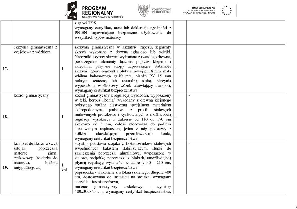 zeskokowy, kołderka do materaca, bieŝnia antypoślizgowa) skrzynia gimnastyczna w kształcie trapezu, segmenty skrzyń wykonane z drewna iglastego lub sklejki.