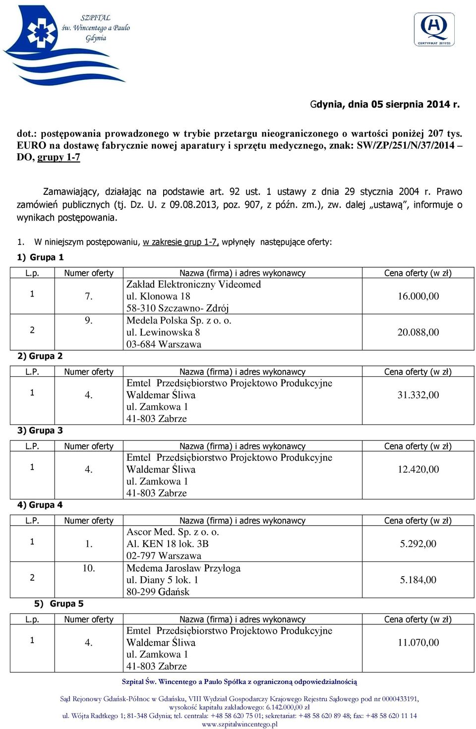 Prawo zamówień publicznych (tj. Dz. U. z 09.08.013, poz. 907, z późn. zm.), zw. dalej ustawą, informuje o wynikach postępowania. 1.