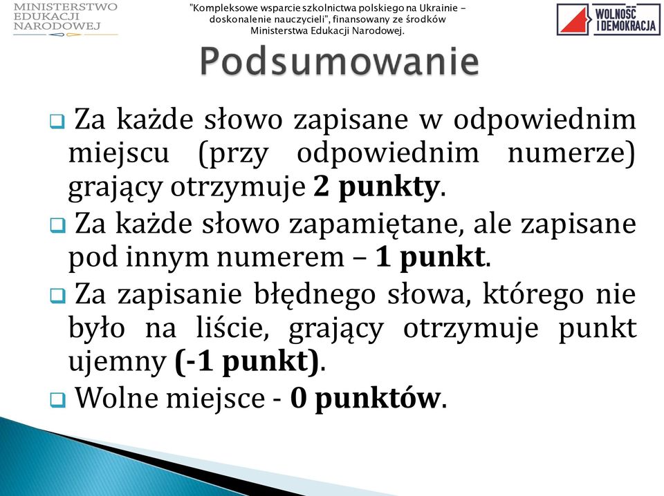 Za każde słowo zapamiętane, ale zapisane pod innym numerem 1 punkt.