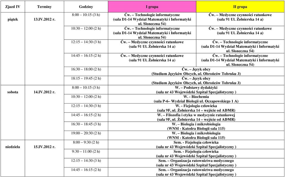 Podstawy dydaktyki 14:45 16:15 (2 h) W. Filozofia i etyka w medycynie ratunkowej 16:30 18:45 (3 h) W.