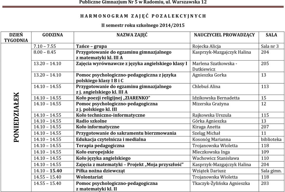 10 Zajęcia wyrównawcze z języka angielskiego klasy I Marlena Szatkowska - 205 Dutkiewicz 13.20 14.10 Pomoc psychologiczno-pedagogiczna z języka Agnieszka Gorka 13 polskiego klasy I B i C 14.10 14.