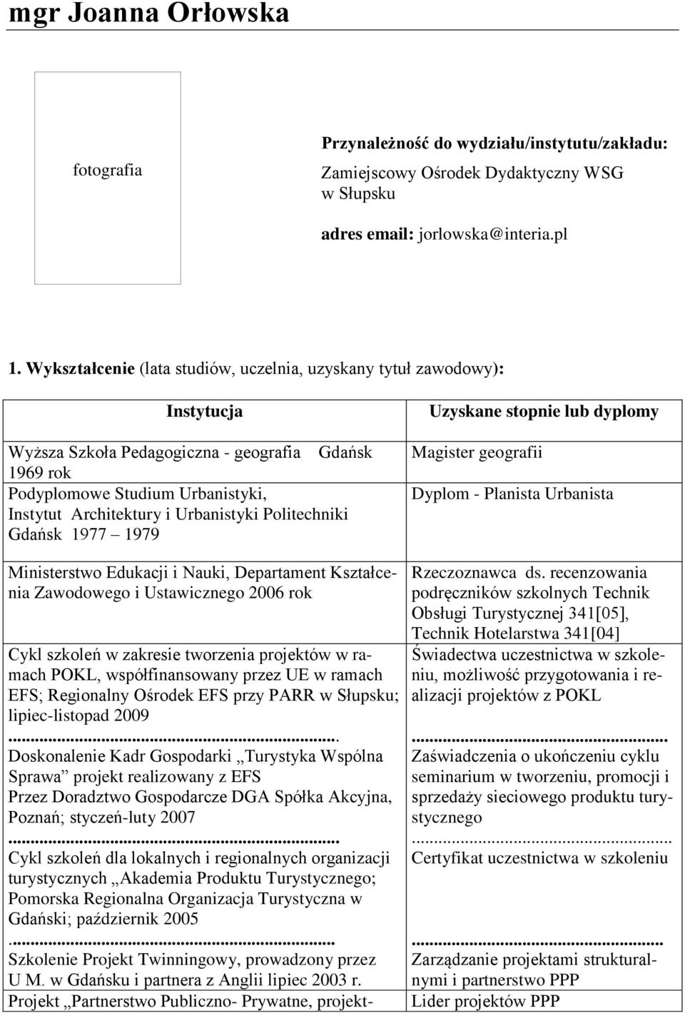 Politechniki Gdańsk 1977 1979 Ministerstwo Edukacji i Nauki, Departament Kształcenia Zawodowego i Ustawicznego 2006 rok Cykl szkoleń w zakresie tworzenia projektów w ramach POKL, współfinansowany