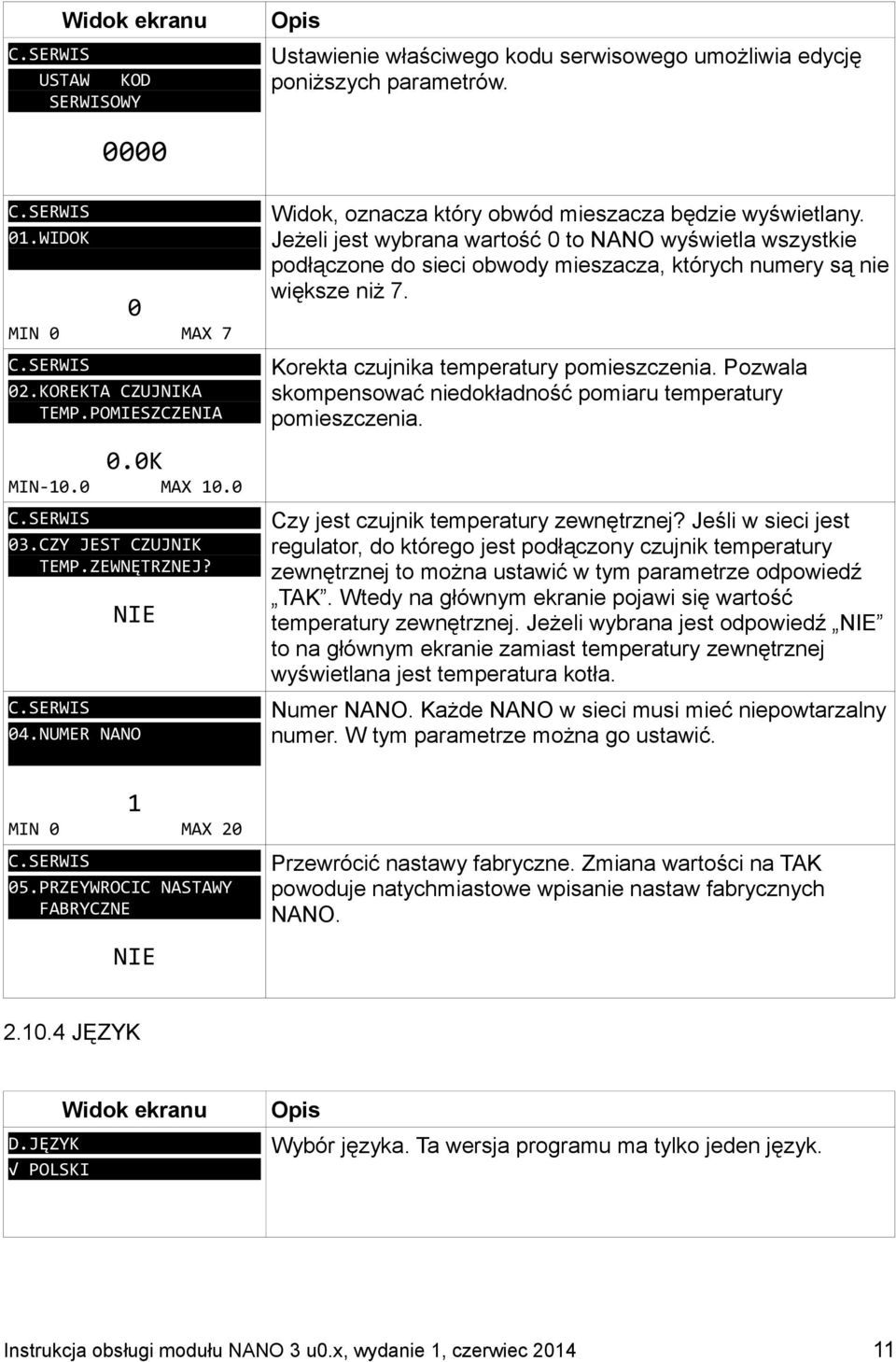 0 MIN 0 MAX 7 C.SERWIS 02.KOREKTA CZUJNIKA TEMP.POMIESZCZENIA Korekta czujnika temperatury pomieszczenia. Pozwala skompensować niedokładność pomiaru temperatury pomieszczenia. 0.0K MIN-10.0 MAX 10.