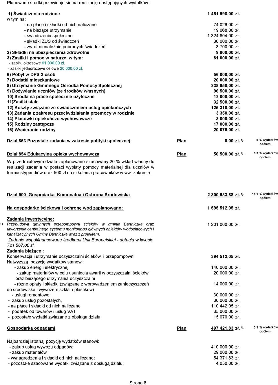 2) Składki na ubezpieczenia zdrowotne 9 900,00 zł. 3) Zasiłki i pomoc w naturze, w tym: 81 000,00 zł. - zasiłki okresowe 61 000,00 zł. - zasiłki jednorazowe celowe 20 000,00 zł.