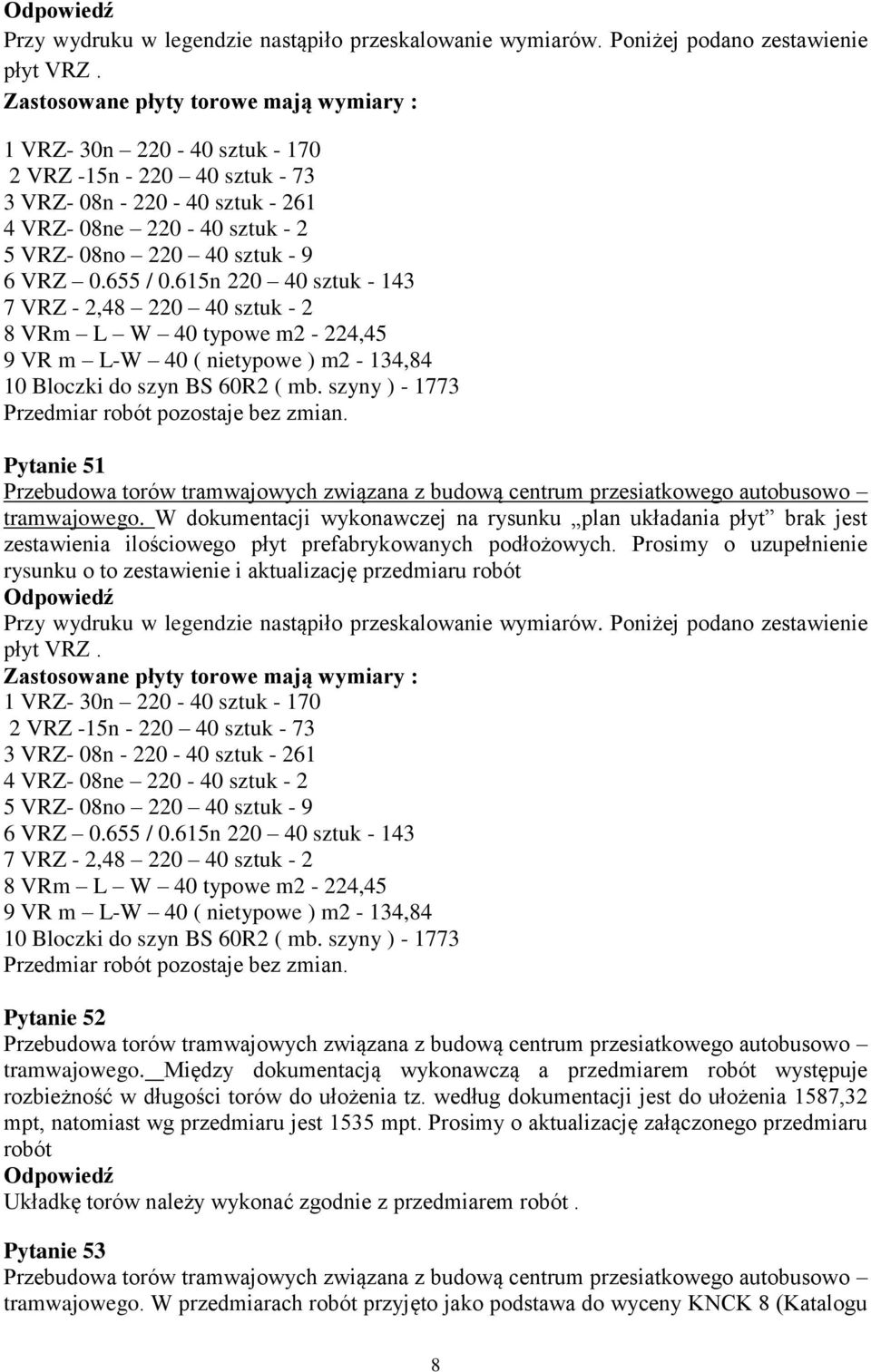 655 / 0.615n 220 40 sztuk - 143 7 VRZ - 2,48 220 40 sztuk - 2 8 VRm L W 40 typowe m2-224,45 9 VR m L-W 40 ( nietypowe ) m2-134,84 10 Bloczki do szyn BS 60R2 ( mb.