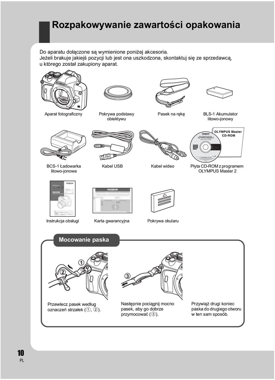 Aparat fotograficzny Pokrywa podstawy obiektywu Pasek na r k BLS-1 Akumulator litowo-jonowy BCS-1 adowarka litowo-jonowa Kabel USB Kabel wideo P yta CD-ROM z