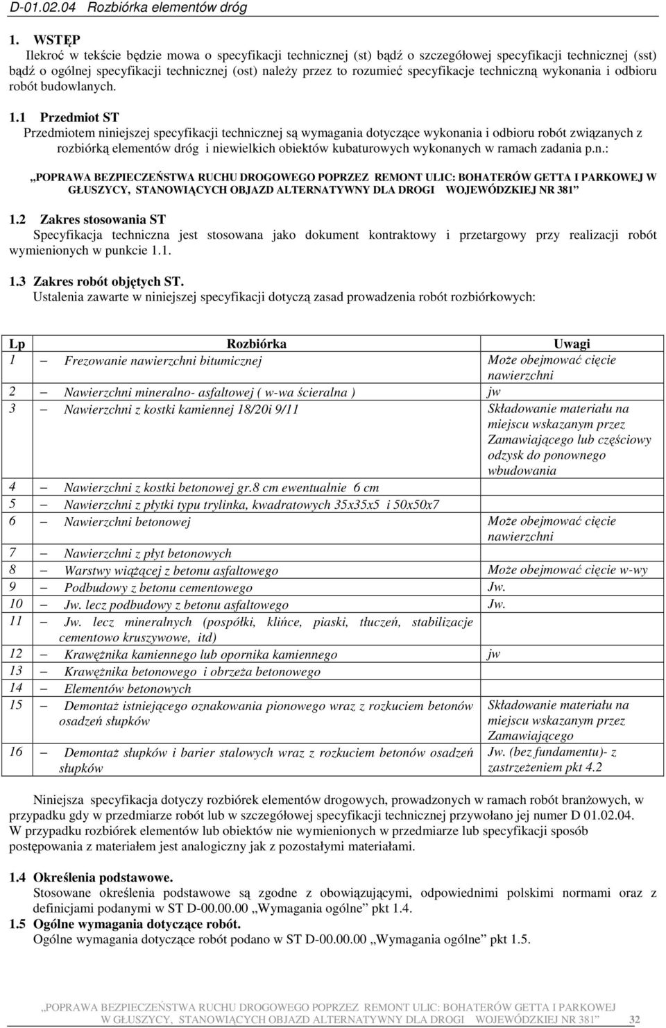 1 Przedmiot ST Przedmiotem niniejszej specyfikacji technicznej są wymagania dotyczące wykonania i odbioru robót związanych z rozbiórką elementów dróg i niewielkich obiektów kubaturowych wykonanych w