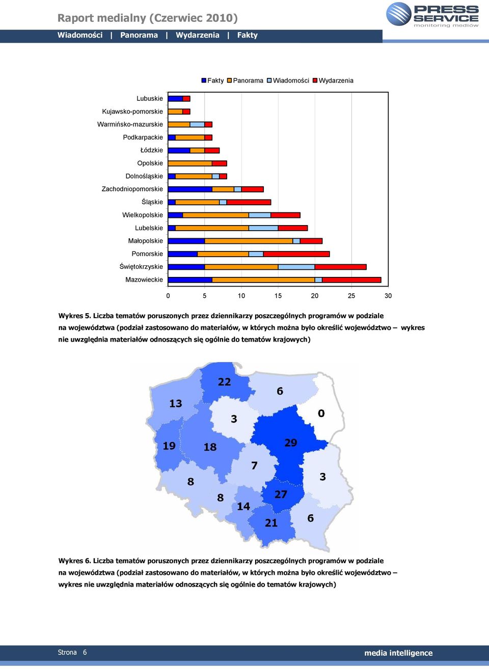 Liczba tematów poruszonych przez dziennikarzy poszczególnych programów w podziale na województwa (podział zastosowano do materiałów, w których można było określić województwo wykres nie