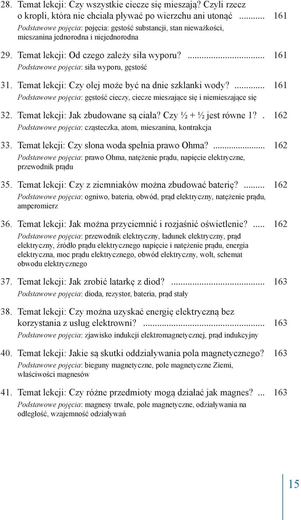 ... 161 Podstawowe pojęcia: siła wyporu, gęstość 31. Temat lekcji: Czy olej może być na dnie szklanki wody?... 161 Podstawowe pojęcia: gęstość cieczy, ciecze mieszające się i niemieszające się 32.