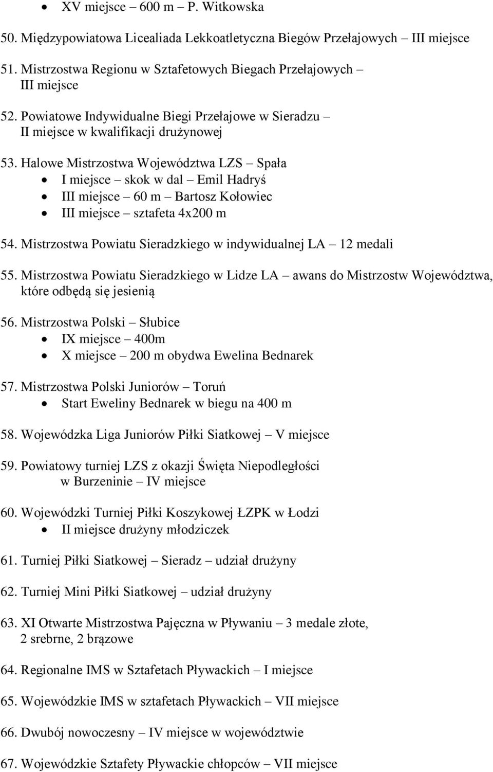 Halowe Mistrzostwa Województwa LZS Spała I miejsce skok w dal Emil Hadryś III miejsce 60 m Bartosz Kołowiec III miejsce sztafeta 4x200 m 54.