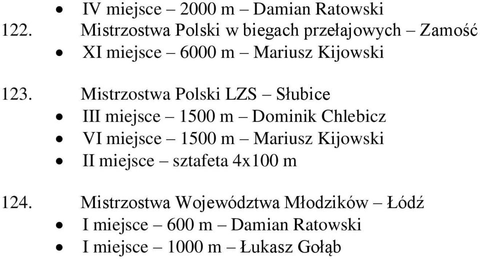 Mistrzostwa Polski LZS Słubice III miejsce 1500 m Dominik Chlebicz VI miejsce 1500 m