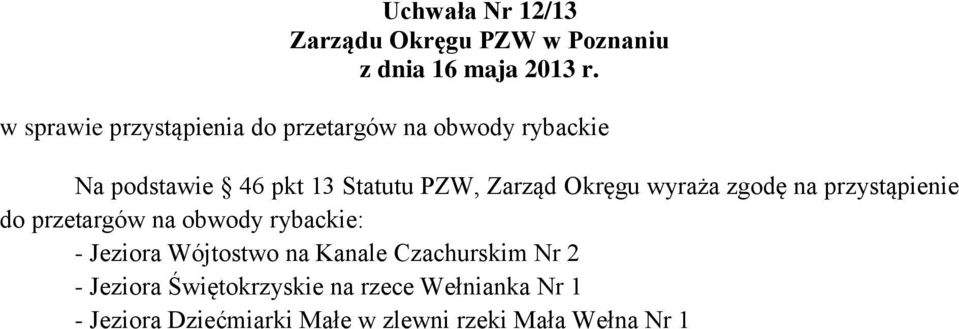 przetargów na obwody rybackie: - Jeziora Wójtostwo na Kanale Czachurskim Nr 2 -