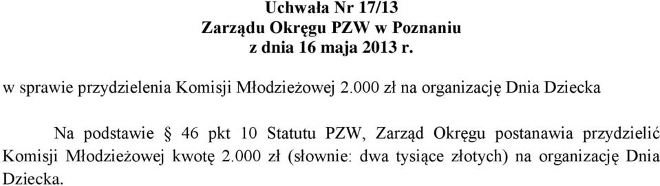 PZW, Zarząd Okręgu postanawia przydzielić Komisji Młodzieżowej