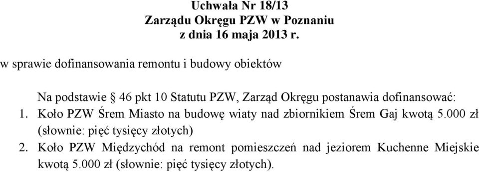 Koło PZW Śrem Miasto na budowę wiaty nad zbiornikiem Śrem Gaj kwotą 5.