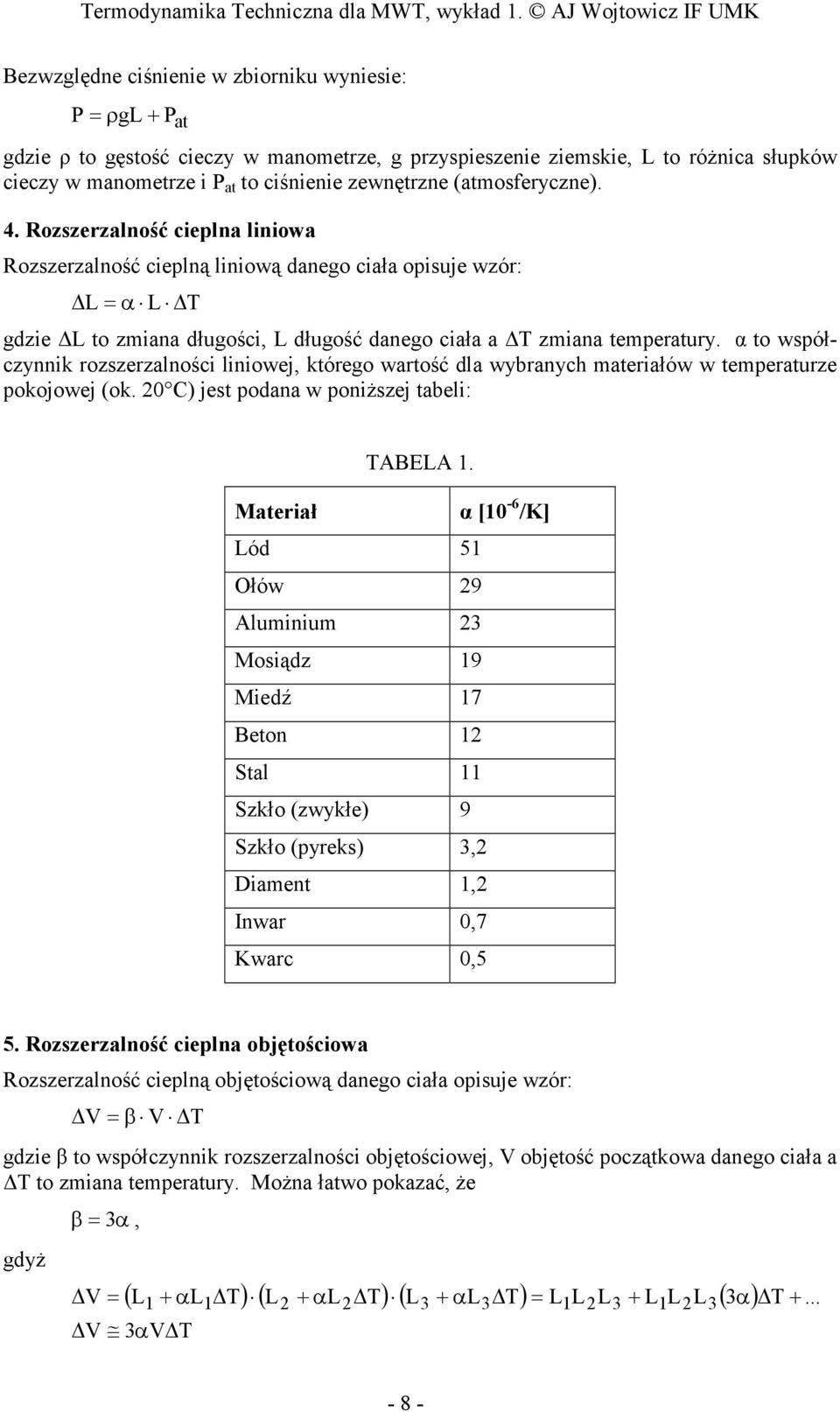 α to współczynnik rozszerzalności liniowej, którego wartość dla wybranych materiałów w temperaturze pokojowej (ok. 20 C) jest podana w poniŝszej tabeli: TABELA 1.