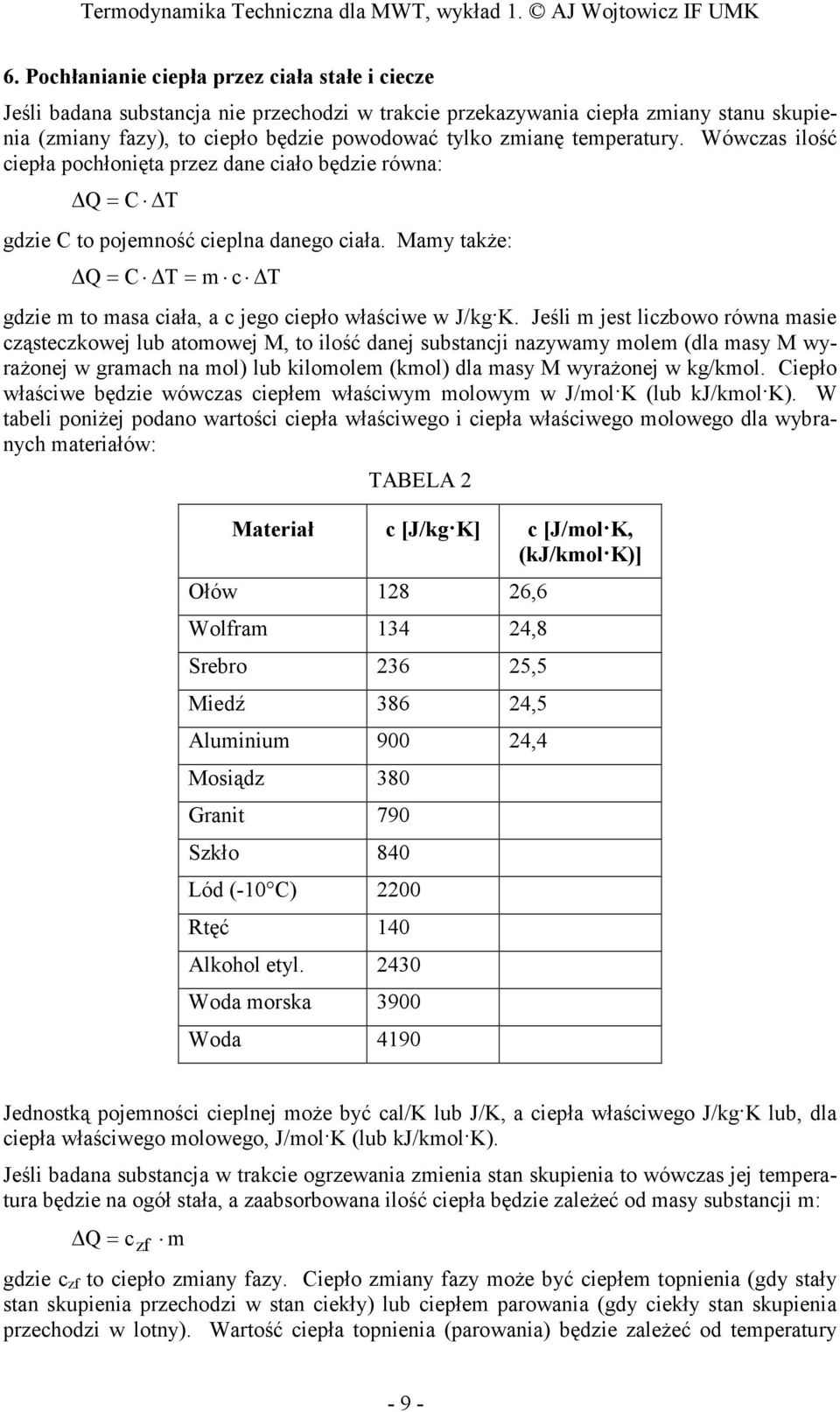 Mamy takŝe: Q= C T= m c T gdzie m to masa ciała, a c jego ciepło właściwe w J/kg K.