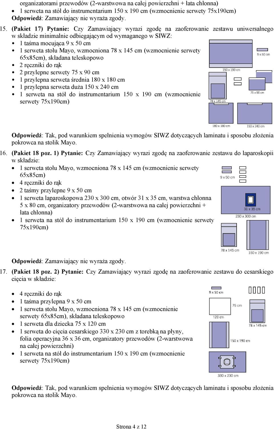 (Pakiet 17) Pytanie: Czy Zamawiający wyrazi zgodę na zaoferowanie zestawu uniwersalnego w składzie minimalnie odbiegającym od wymaganego w SIWZ: 1 taśma mocująca 9 x 50 cm 1 serweta stołu Mayo,