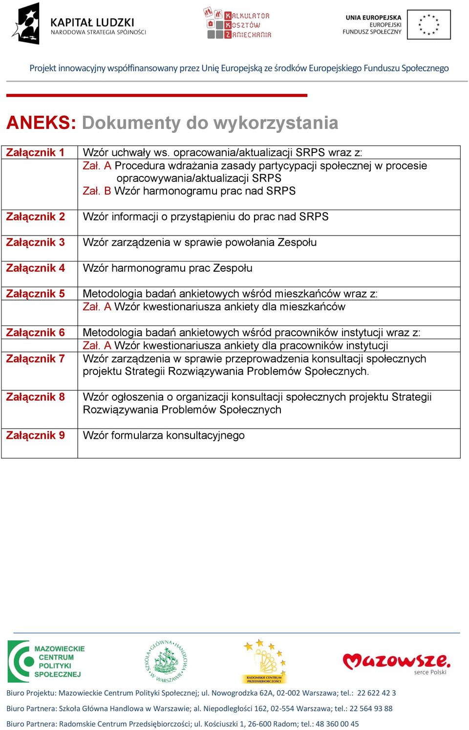 B Wzór harmonogramu prac nad SRPS Załącznik 2 Załącznik 3 Załącznik 4 Wzór informacji o przystąpieniu do prac nad SRPS Wzór zarządzenia w sprawie powołania Zespołu Wzór harmonogramu prac Zespołu