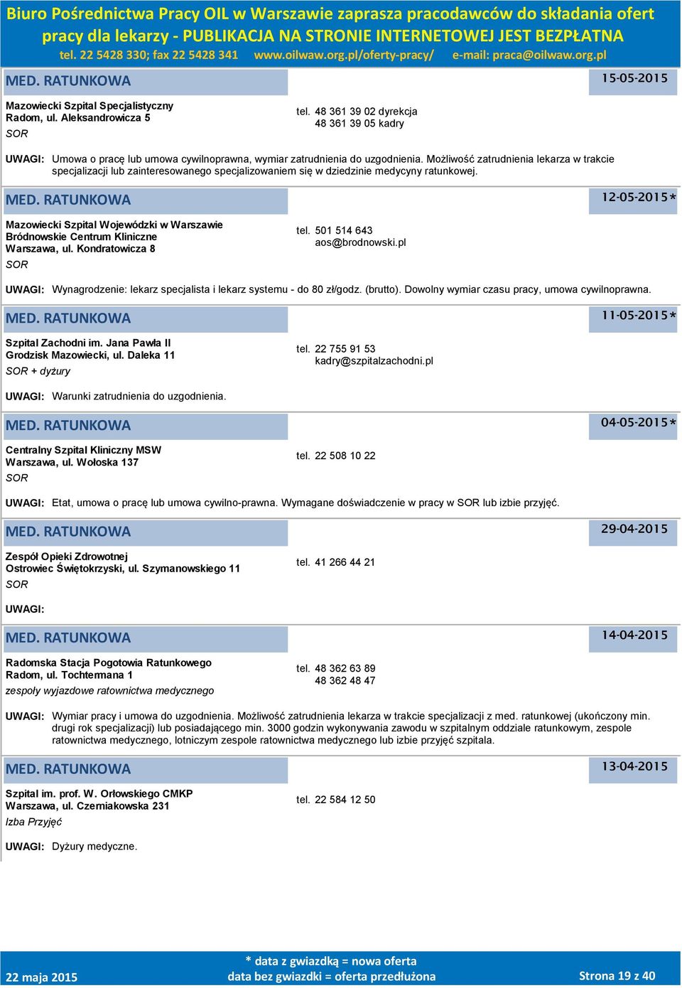 Możliwość zatrudnienia lekarza w trakcie specjalizacji lub zainteresowanego specjalizowaniem się w dziedzinie medycyny ratunkowej. MED.