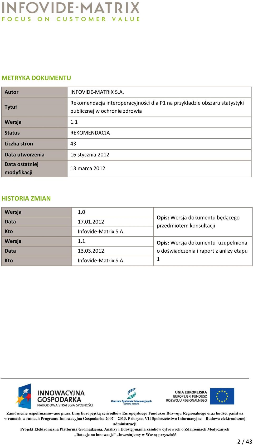 1.0 Data 17.01.2012 Kto Infovide-Matrix S.A. Opis: Wersja dokumentu będącego przedmiotem konsultacji Wersja 1.