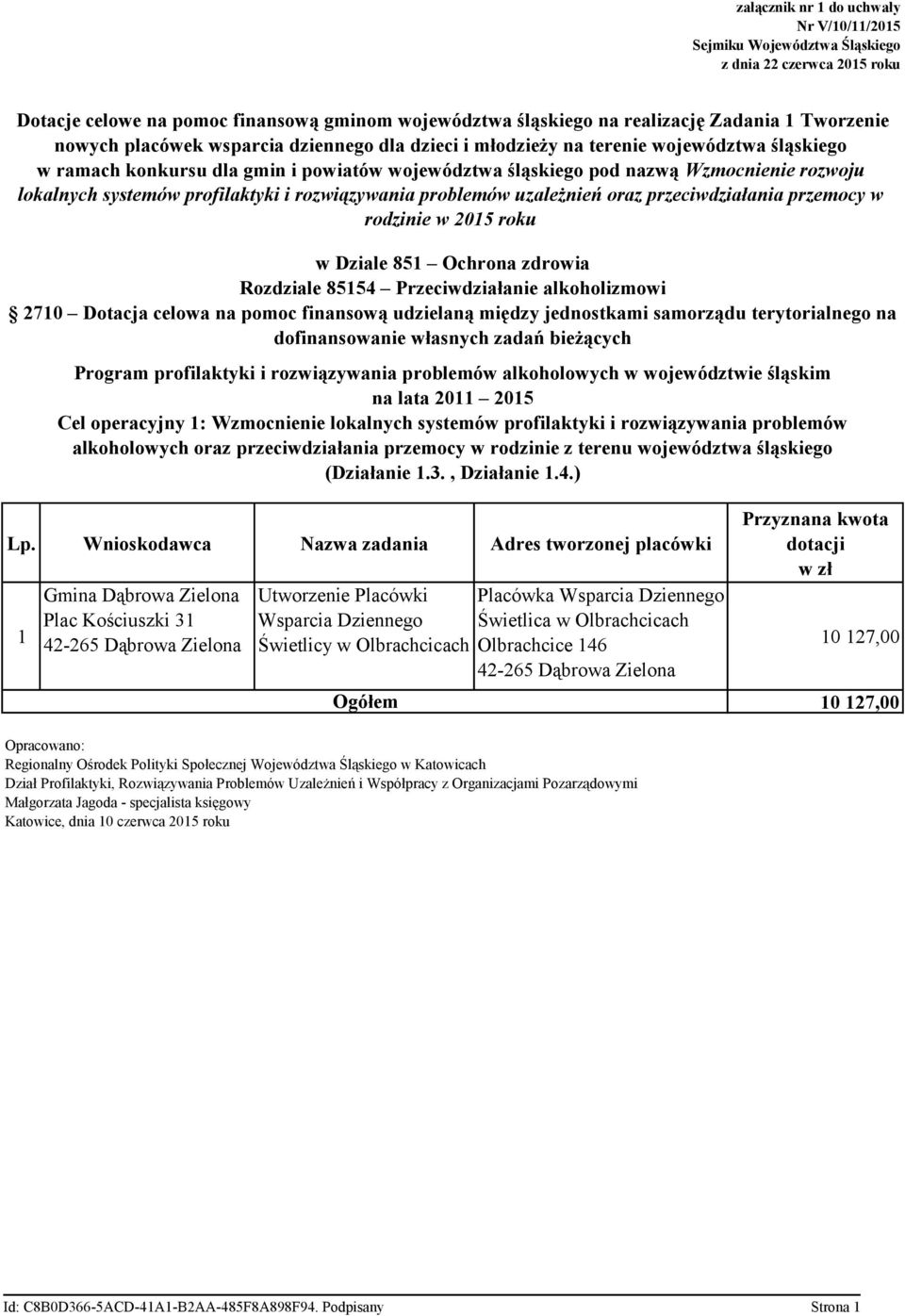 profilaktyki i rozwiązywania problemów uzależnień oraz przeciwdziałania przemocy w rodzinie w 2015 roku w Dziale 851 Ochrona zdrowia Rozdziale 85154 Przeciwdziałanie alkoholizmowi Dotacja celowa na