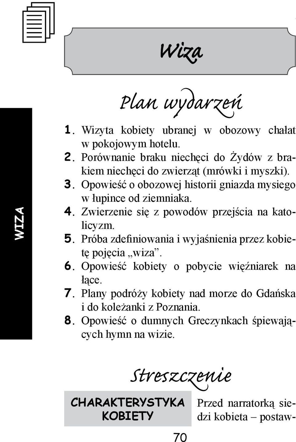 4. Zwierzenie się z powodów przejścia na katolicyzm. 5. Próba zdefiniowania i wyjaśnienia przez kobietę pojęcia wiza. 6.