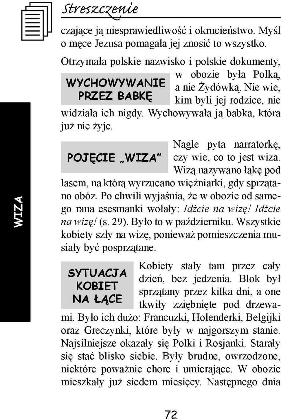 Wizą nazywano łąkę pod lasem, na którą wyrzucano więźniarki, gdy sprzątano obóz. Po chwili wyjaśnia, że w obozie od samego rana esesmanki wołały: Idźcie na wizę! Idźcie na wizę! (s. 29).