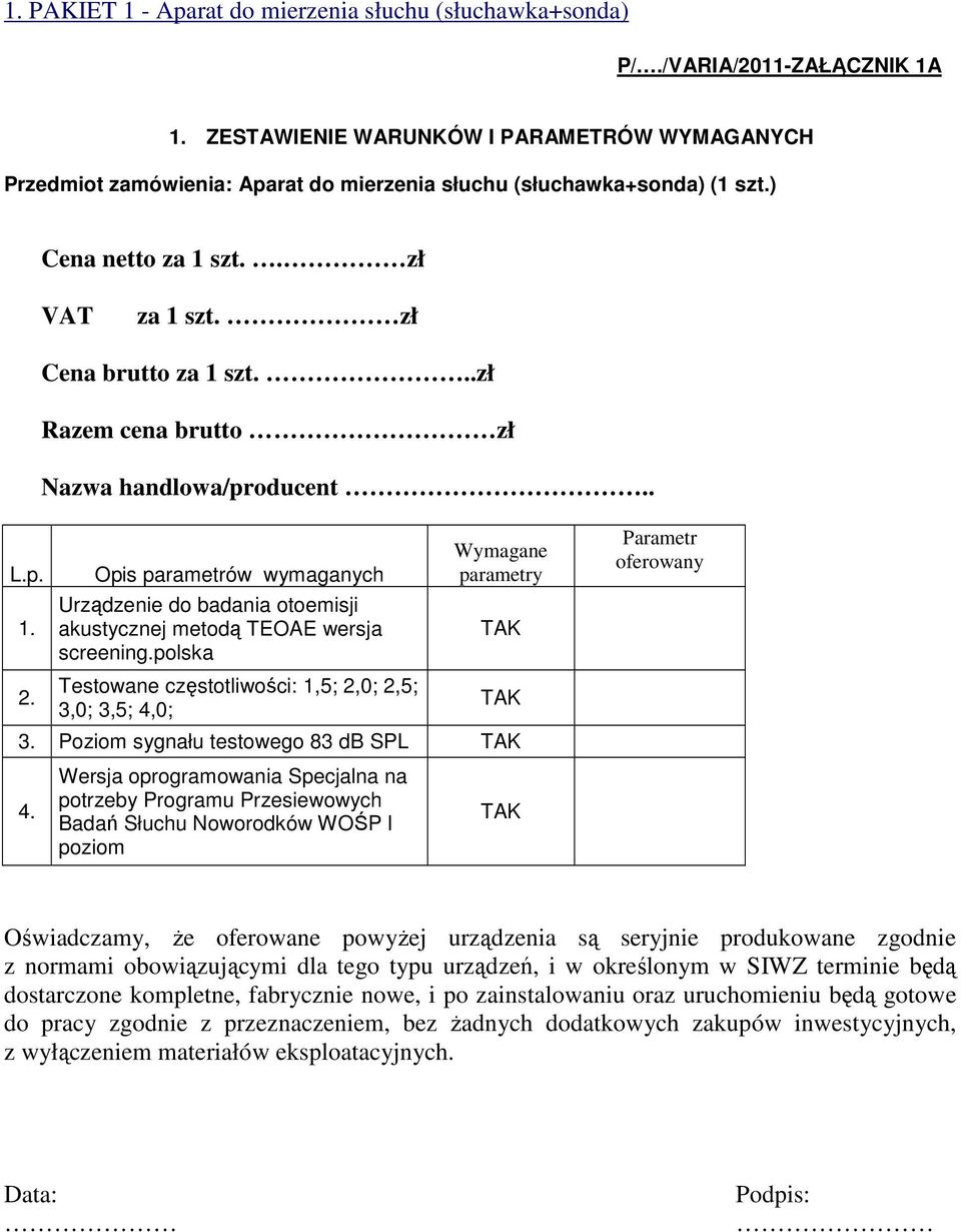 zł Cena brutto za 1 szt...zł Razem cena brutto zł Nazwa handlowa/producent.. L.p. 1. 2.