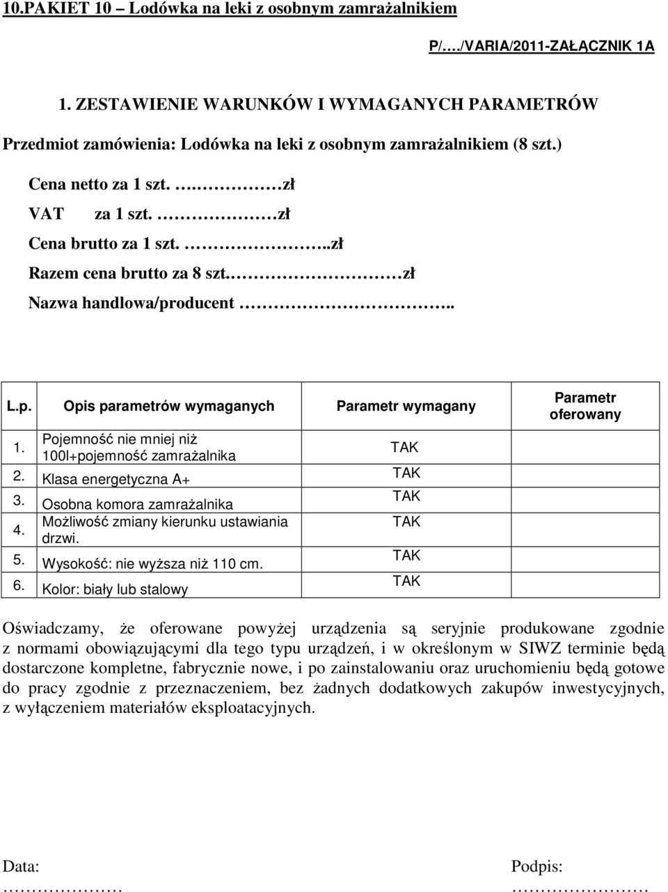 zł Cena brutto za 1 szt...zł Razem cena brutto za 8 szt. zł Nazwa handlowa/pr