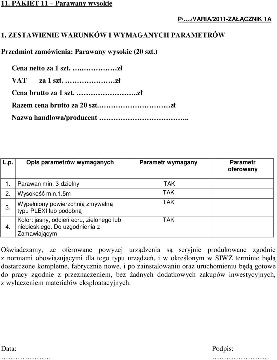 zł Cena brutto za 1 szt...zł Razem cena brutto za 20 szt. zł Nazwa handlowa/pr