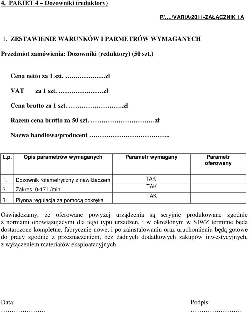 ) VAT za 1 szt. zł Cena brutto za 1 szt...zł Razem cena brutto za 50 szt. zł Nazwa handlowa/producent.