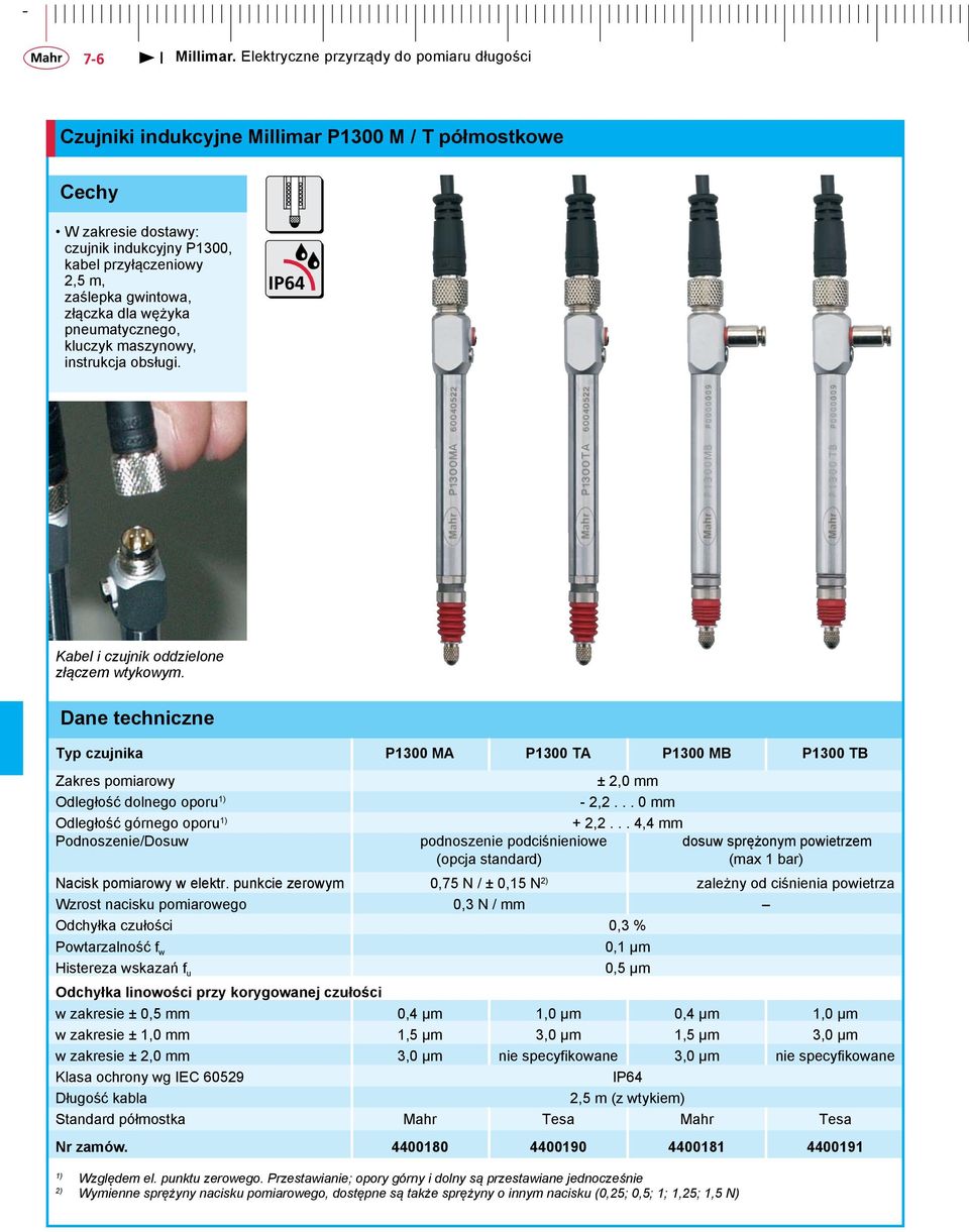 Dane techniczne Typ czujnika P1300 MA P1300 TA P1300 MB P1300 TB Zakres pomiarowy ± 2,0 mm Odległość dolnego oporu 1) - 2,2... 0 mm Odległość górnego oporu 1) + 2,2.