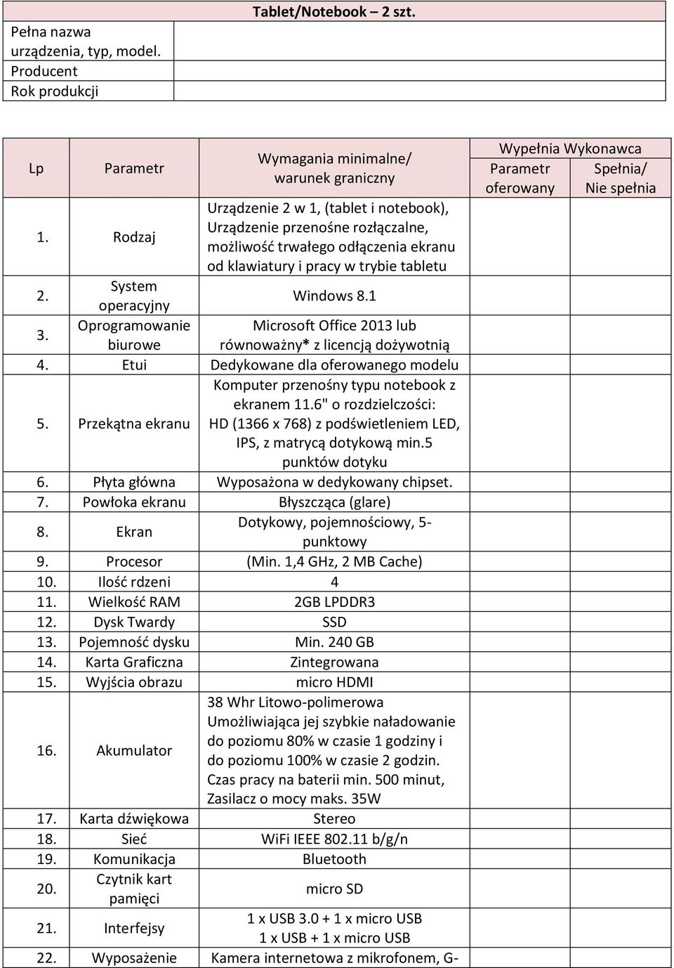 Oprogramowanie Microsoft Office 2013 lub biurowe równoważny* z licencją dożywotnią 4. Etui Dedykowane dla oferowanego modelu 5. Przekątna ekranu Komputer przenośny typu notebook z ekranem 11.