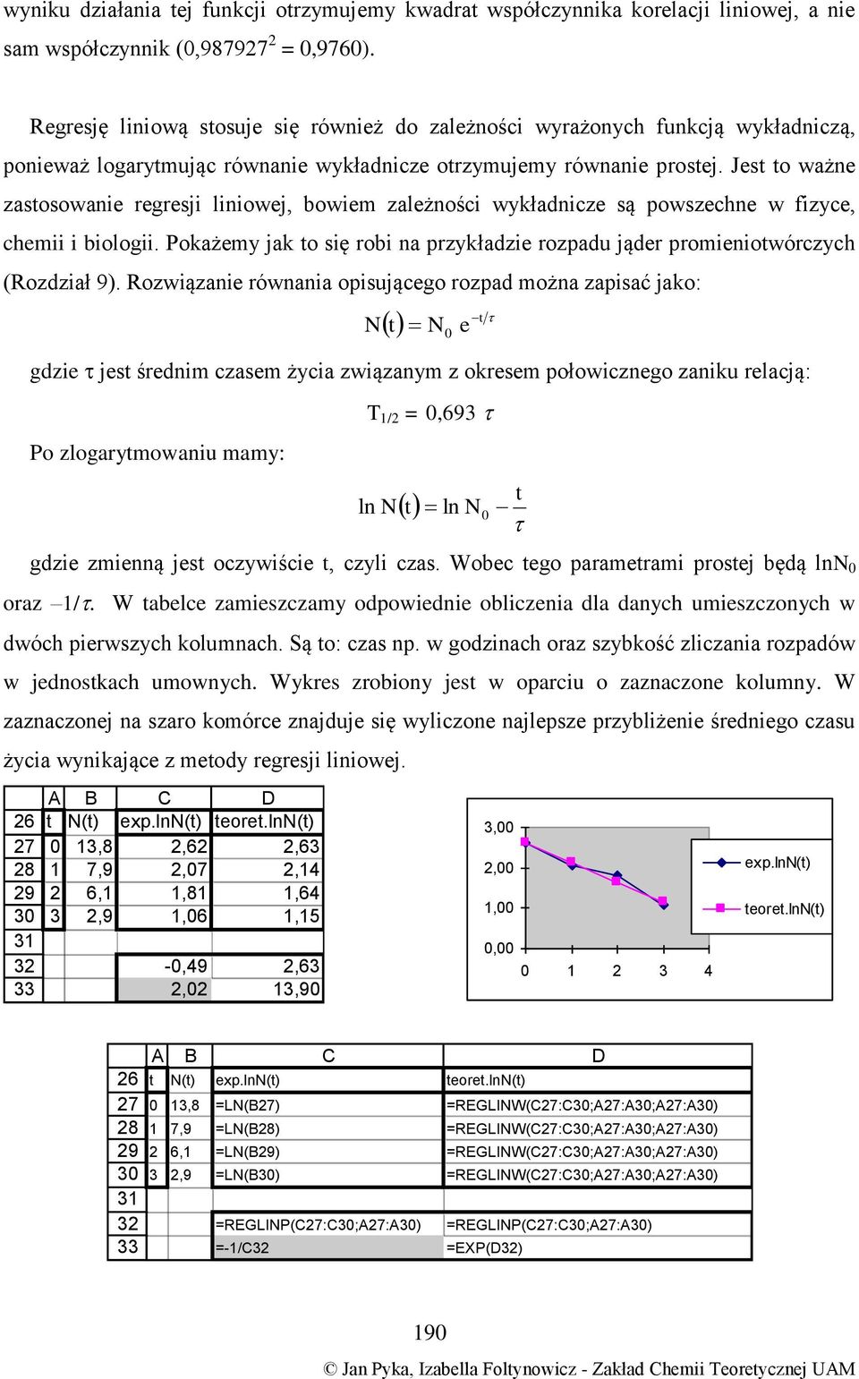 Rozwąze rów opsującego rozpd moż zpsć jko: N t N e gdze jest średm czsem żc zwązm z okresem połowczego zku relcją: Po zlogrtmowu mm: t T / =, l N t l N gdze zmeą jest oczwśce t, czl czs.