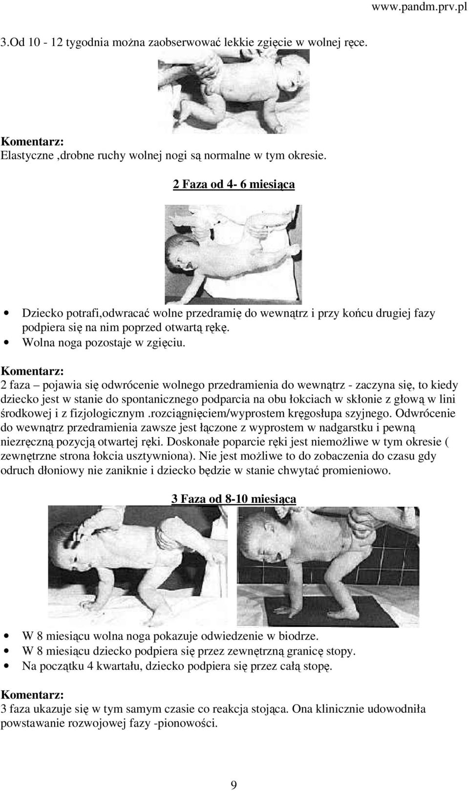 Komentarz: 2 faza pojawia się odwrócenie wolnego przedramienia do wewnątrz - zaczyna się, to kiedy dziecko jest w stanie do spontanicznego podparcia na obu łokciach w skłonie z głową w lini środkowej