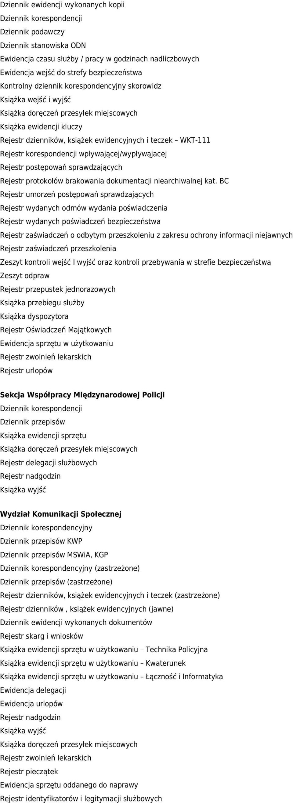 Rejestr postępowań sprawdzających Rejestr protokołów brakowania dokumentacji niearchiwalnej kat.