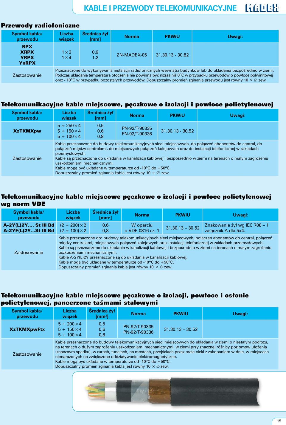 Podczas uk adania temperatura otoczenia nie powinna byç ni sza ni 0ºC w przypadku przewodów o pow oce polwinitowej oraz - 10ºC w przypadku pozosta ych przewodów.