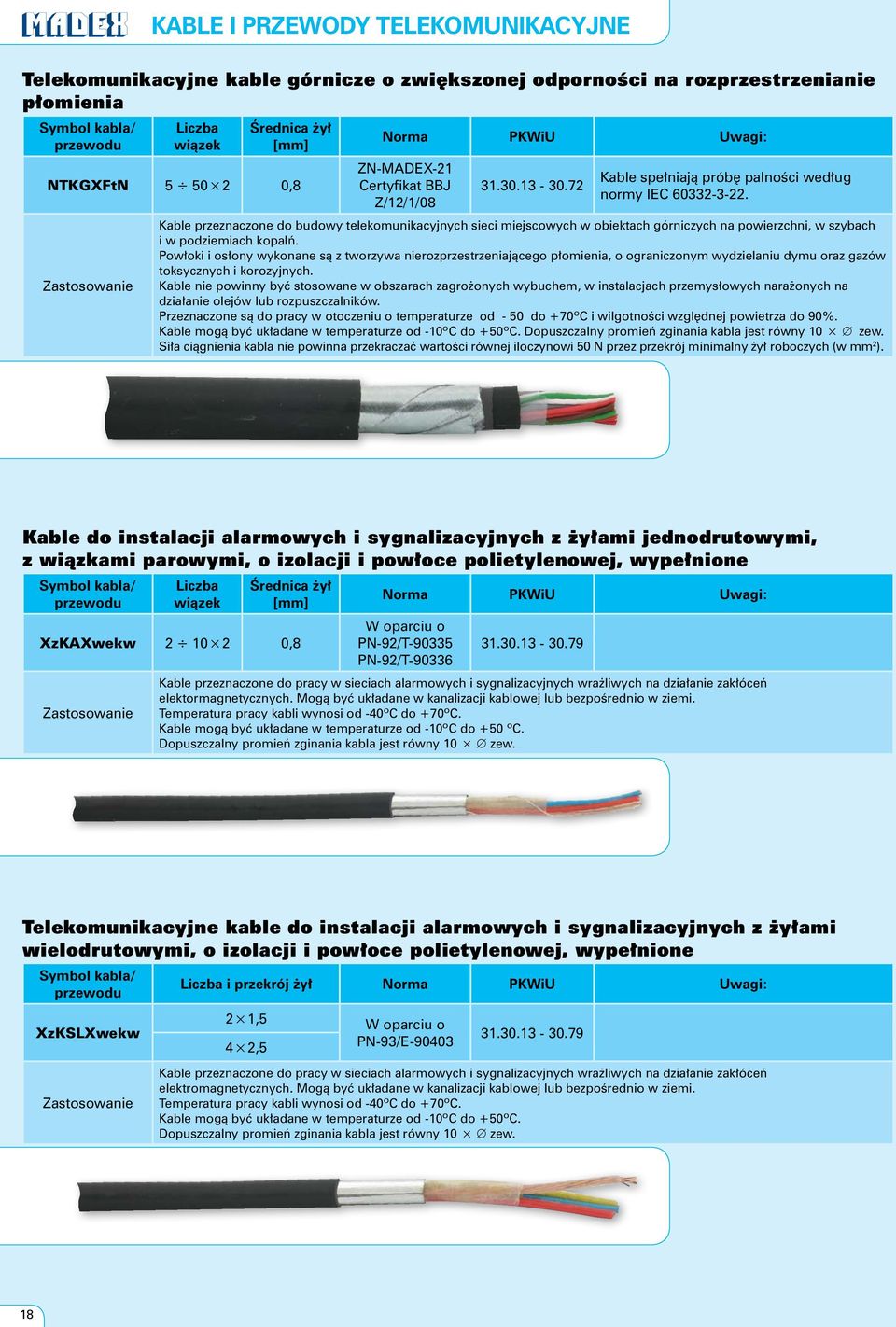 Kable przeznaczone do budowy telekomunikacyjnych sieci miejscowych w obiektach górniczych na powierzchni, w szybach i w podziemiach kopalƒ.